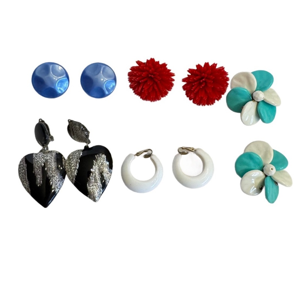 Vintage Lot of 5 Pair Beaded Multi Color Cluster Clip On Earrings Retro Bundle